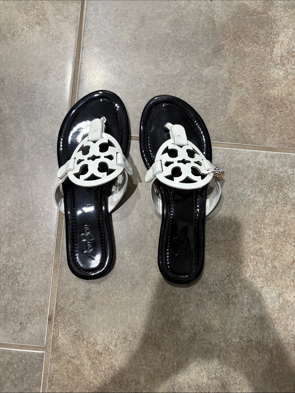 Tory Burch Black Footbed White Logo Thong Sandals